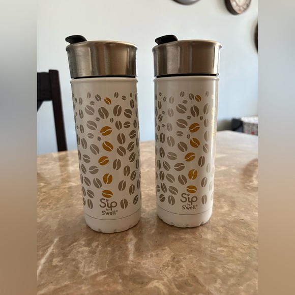 White and Gold Coffee Bean Print Travel Mug Set - Picture 1 of 4